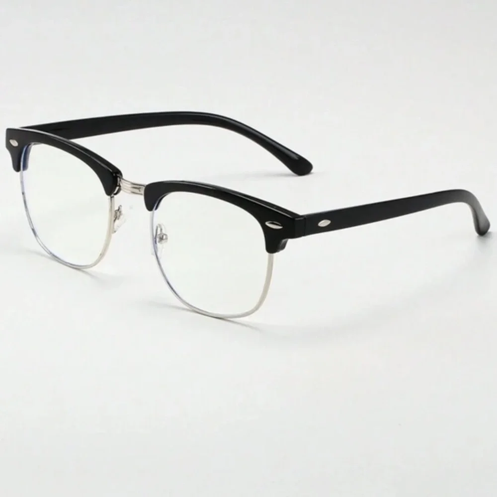 Unisex Black Browline Half Frame Clear Lens Square Fashion Glasses